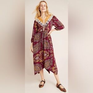 Anthropologie Maroon and Yellow Patterned Maxi Dress